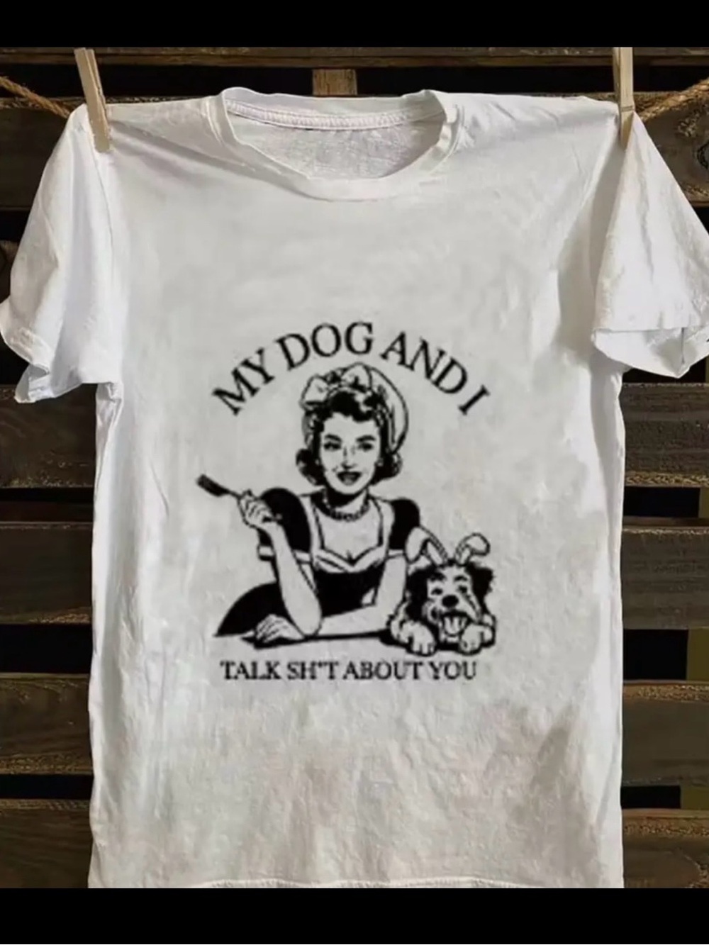 Source Unknown White Tee with Black Retro Woman & Dog Graphic